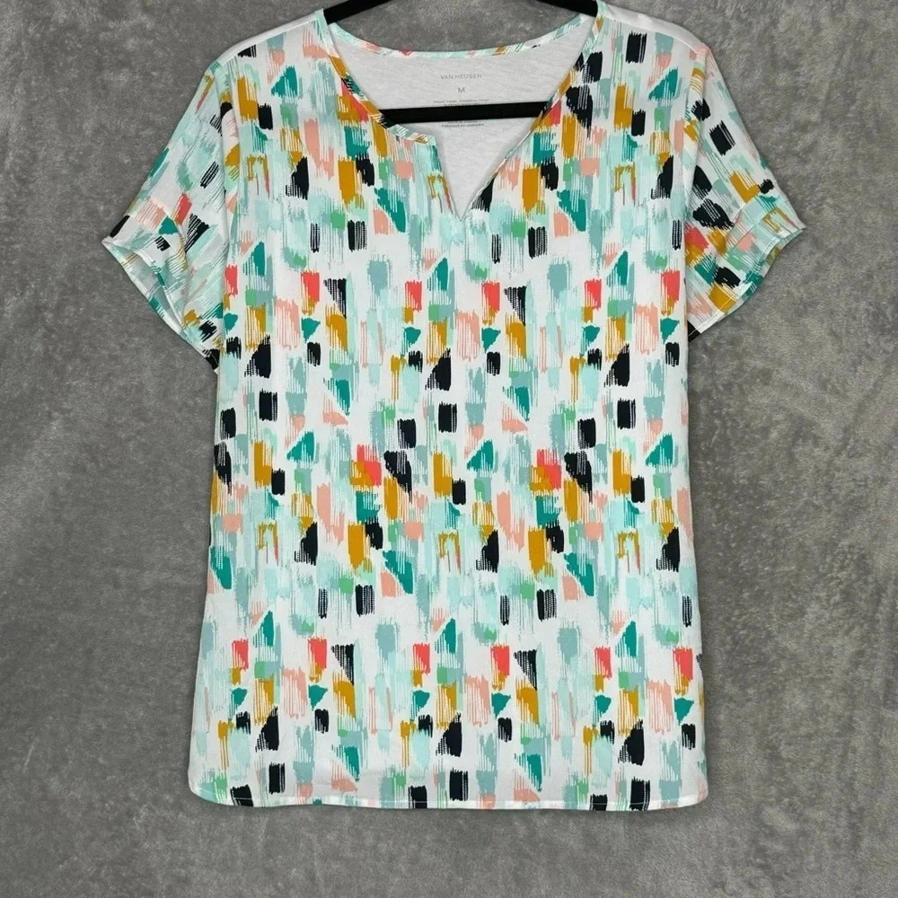 Van Heusen M Medium Shirt Top Blue Geometric Short Sleeve Split Round Neck - Picture 1 of 7